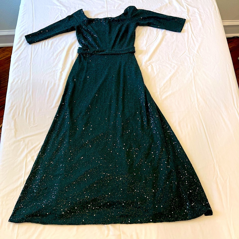 David Meister emerald sequined floor length dress